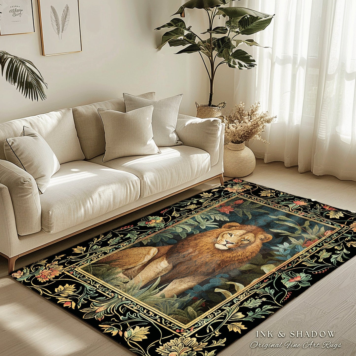 Lion Area Rug Botanical | Nature Inspired Room Decor William Morris Style Aesthetic Fairycore Boho Bedroom Rug Jungle Leopard Dark Floral