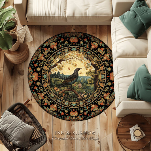 Dark Floral Raven Rug | Victorian Gothic Room Decor William Morris Inspired Cottagecore Aesthetic Dark Fairycore Goth Bedroom Black Crow