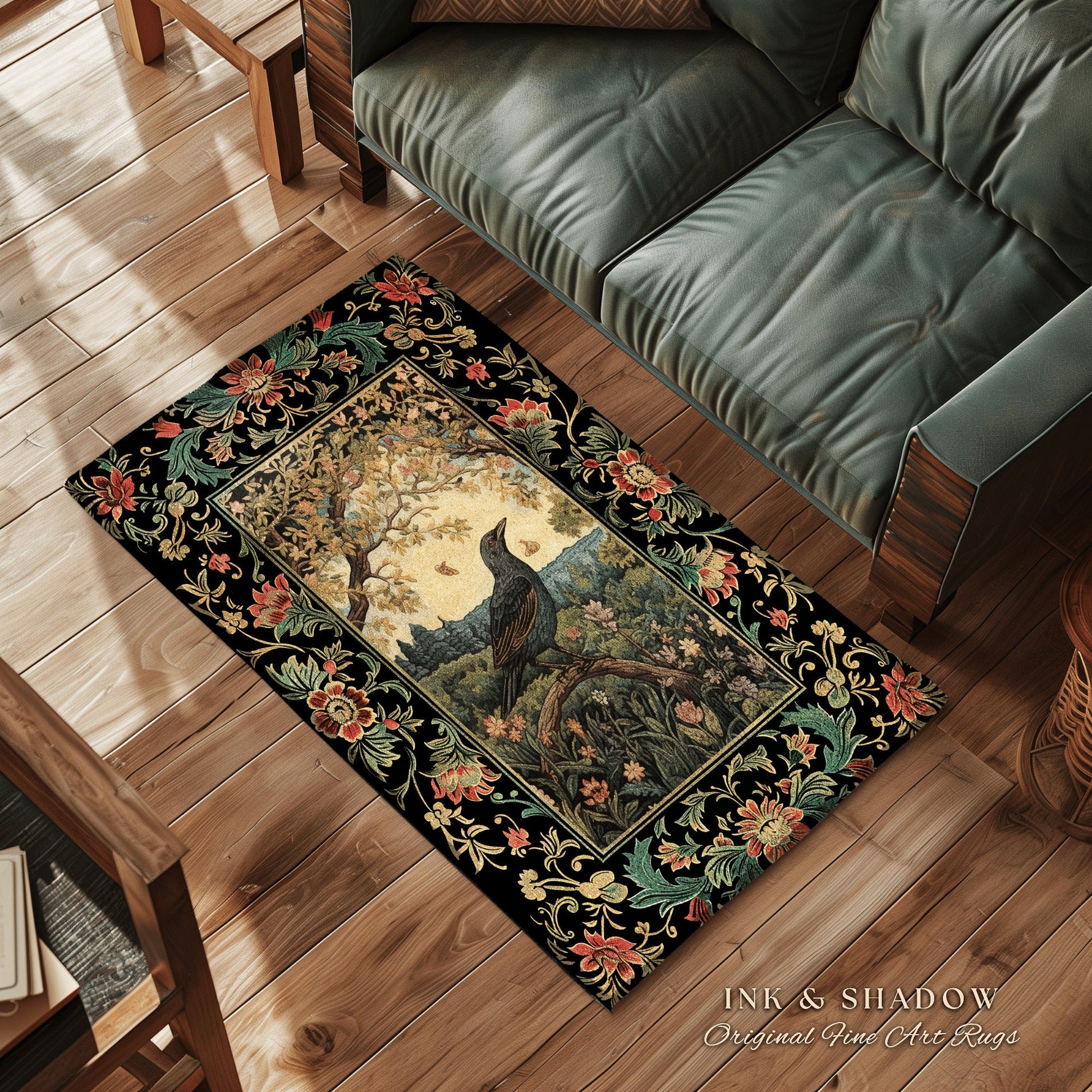 Victorian Gothic Round Raven Rug Morris Inspired Cottagecore Aesthetic | Woodland Fairycore Bedroom Black Crow Forestcore Home Decor Whimsy