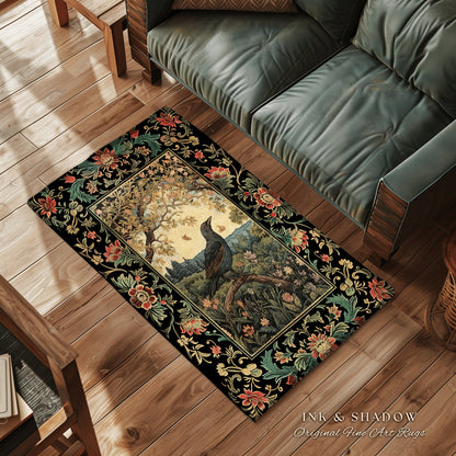 Victorian Gothic Round Raven Rug Morris Inspired Cottagecore Aesthetic | Woodland Fairycore Bedroom Black Crow Forestcore Home Decor Whimsy