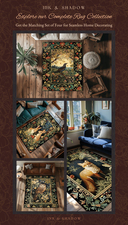 Victorian Gothic Round Raven Rug Morris Inspired Cottagecore Aesthetic | Woodland Fairycore Bedroom Black Crow Forestcore Home Decor Whimsy