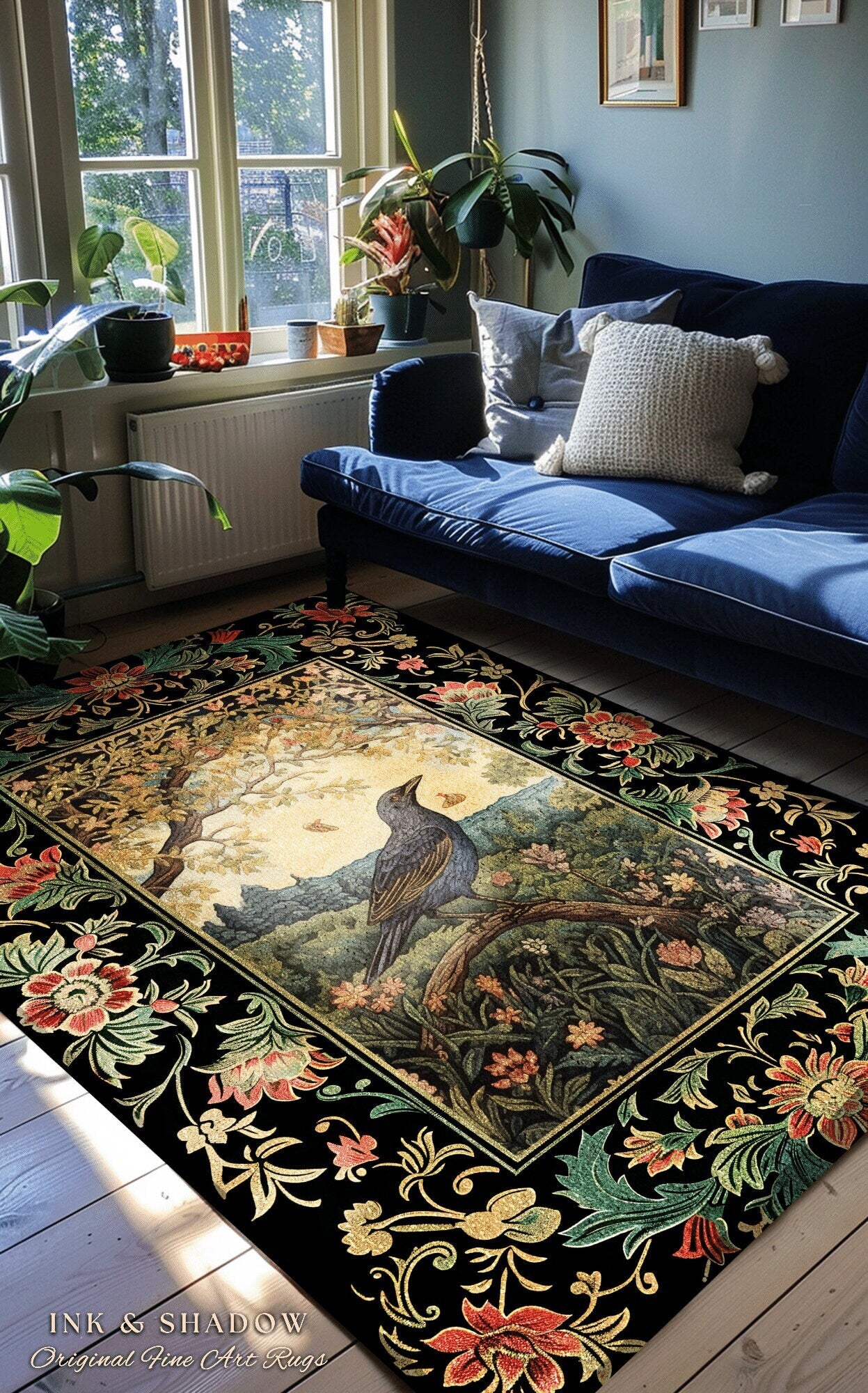 Victorian Gothic Round Raven Rug Morris Inspired Cottagecore Aesthetic | Woodland Fairycore Bedroom Black Crow Forestcore Home Decor Whimsy