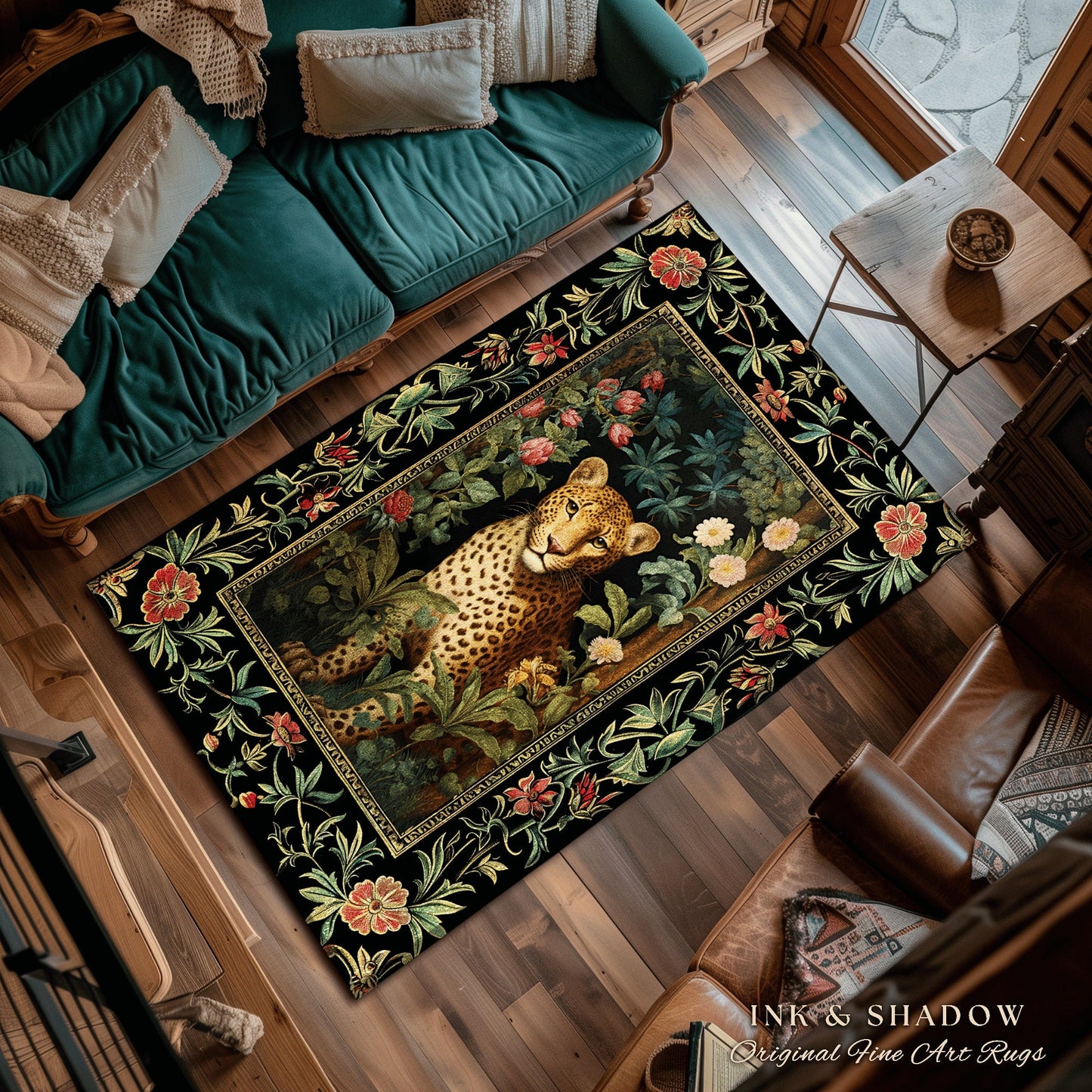 Jungle Aesthetic Area Rug | Nature Inspired Room Decor William Morris Style Aesthetic Fairycore Boho Bedroom Rug Ethereal Leopard Rug Floral