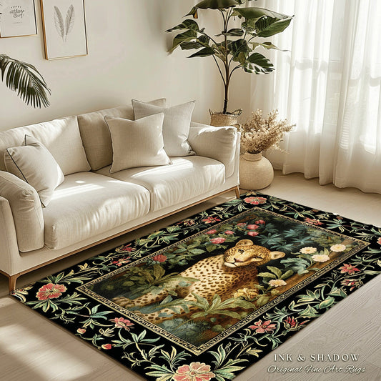 Jungle Aesthetic Area Rug | Nature Inspired Room Decor William Morris Style Aesthetic Fairycore Boho Bedroom Rug Ethereal Leopard Rug Floral