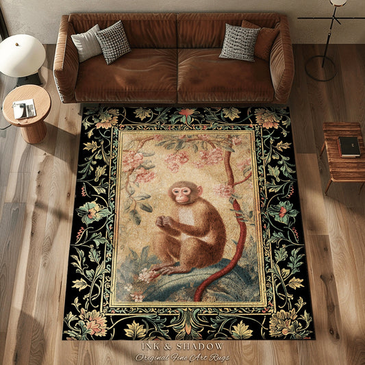 Victorian Gothic Decorative Rug | Woodland Gothic Room Decor William Morris Monkey Vintage Cottagecore Aesthetic Dark Fairycore Bedroom Art