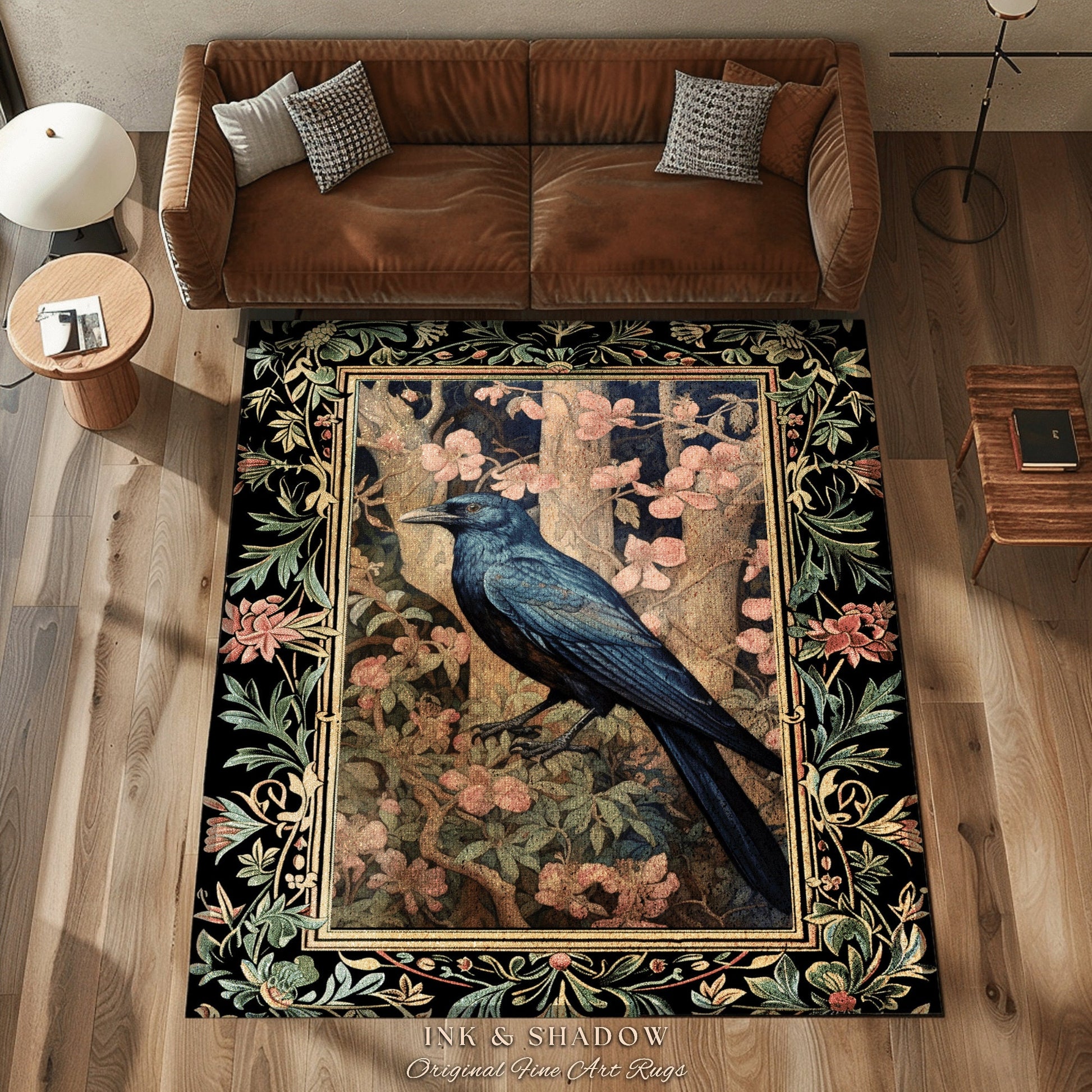 Crowcore Area Rug | Woodland Gothic Room Decor William Morris Inspired Cottagecore Aesthetic Dark Fairycore Bedroom Black Crow Raven