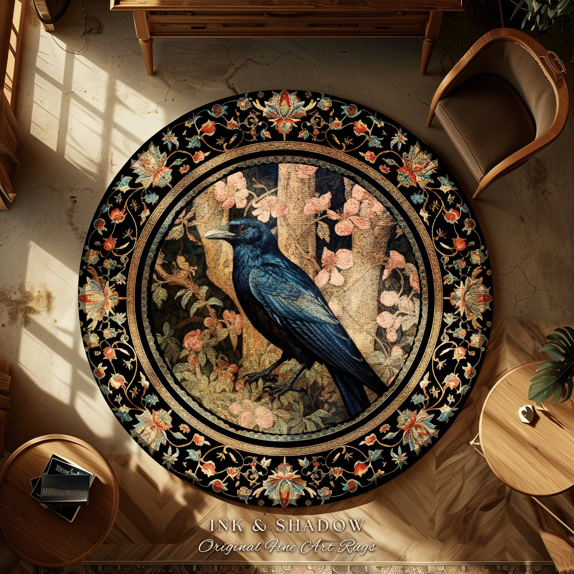 Crowcore Area Rug | Woodland Gothic Room Decor William Morris Inspired Cottagecore Aesthetic Dark Fairycore Bedroom Black Crow Raven