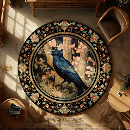 Crowcore Area Rug | Woodland Gothic Room Decor William Morris Inspired Cottagecore Aesthetic Dark Fairycore Bedroom Black Crow Raven