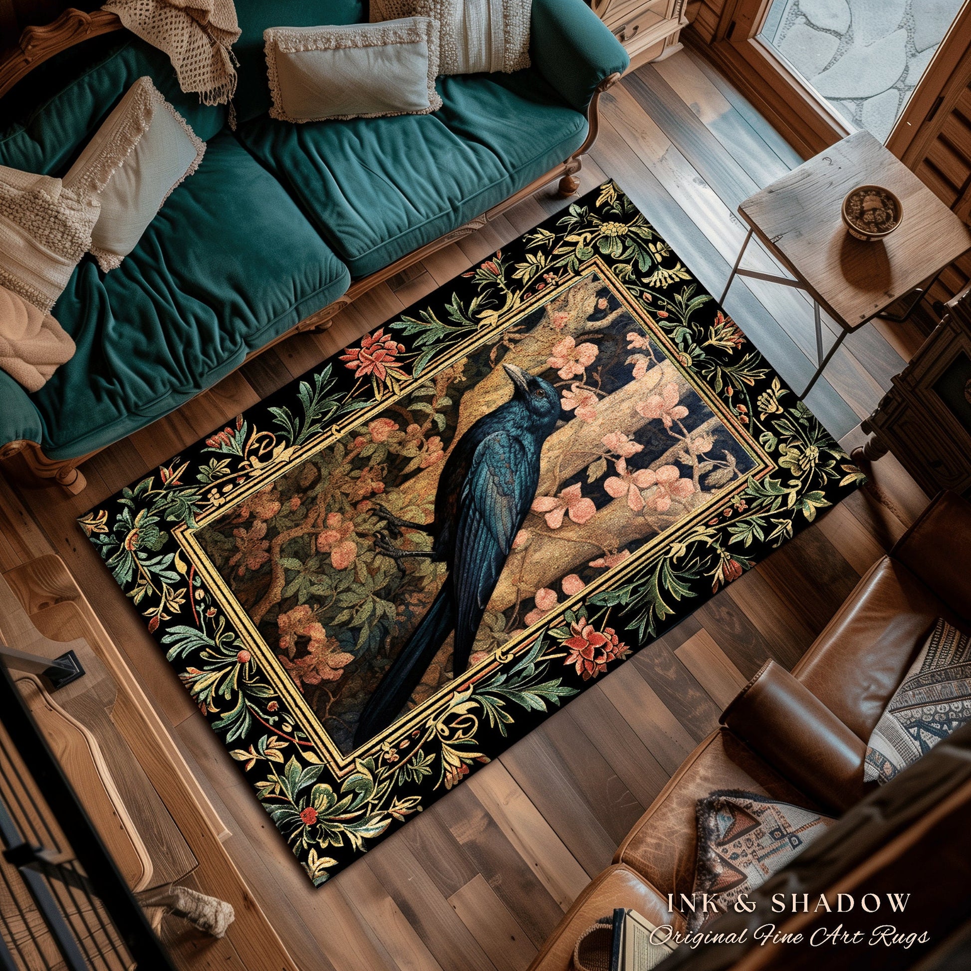 Crowcore Area Rug | Woodland Gothic Room Decor William Morris Inspired Cottagecore Aesthetic Dark Fairycore Bedroom Black Crow Raven