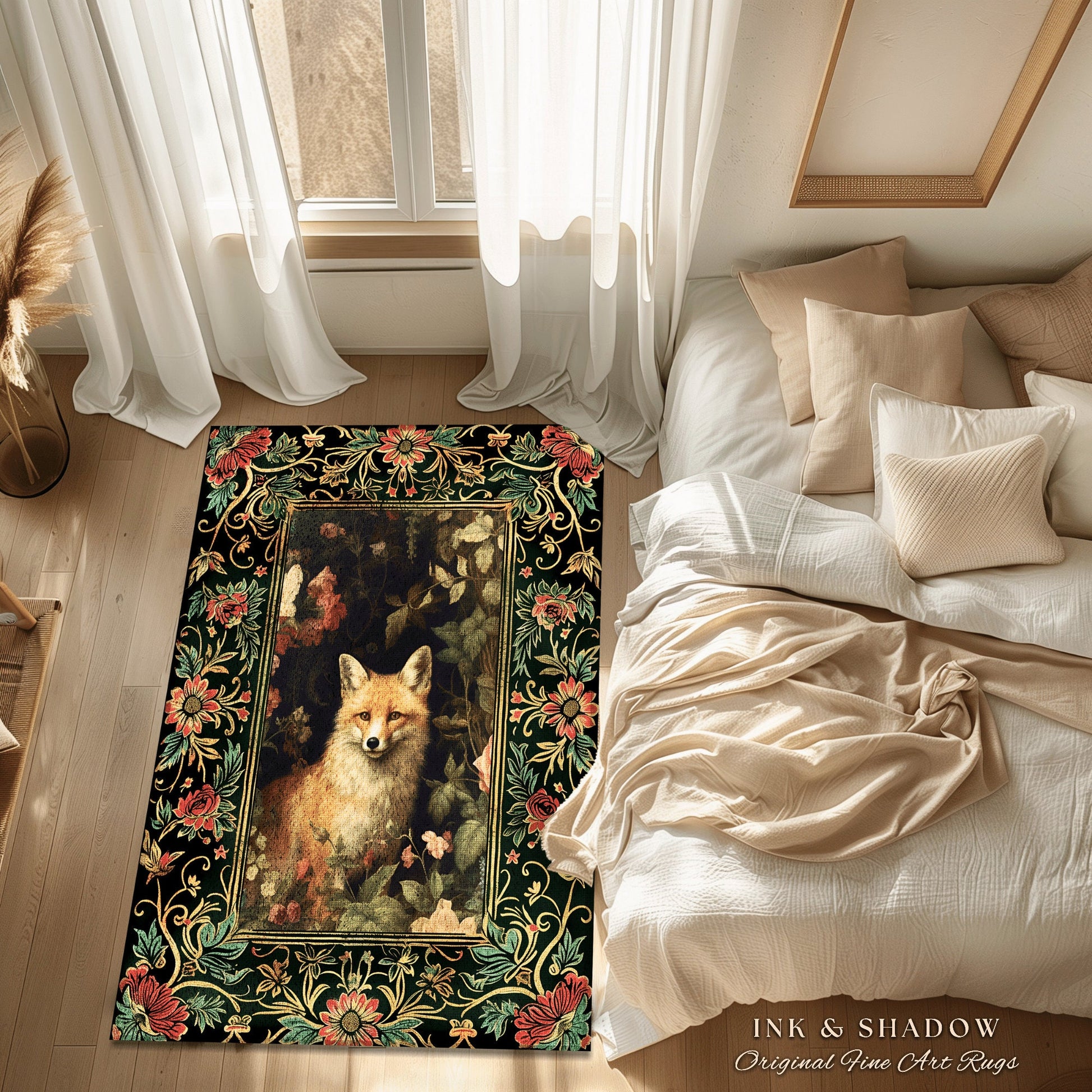 Floral Fairycore Whimsigoth Round Fox Botanical Rug Dark Forestcore Decor | Boho Botanical Whimsical Fox Woodland Cottagecore Animal Art Rug