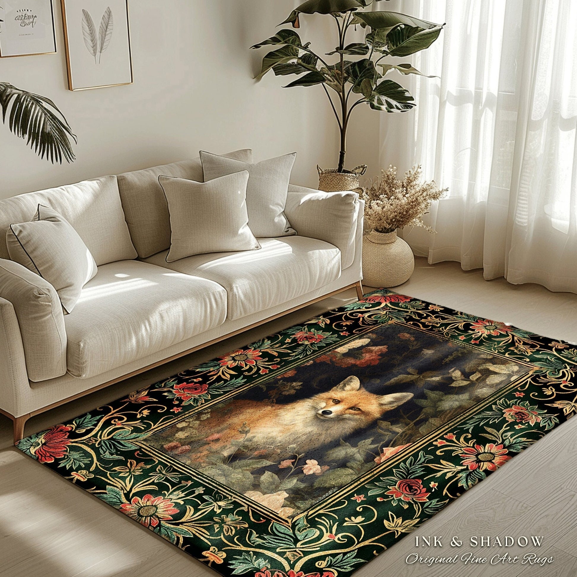Floral Fairycore Whimsigoth Round Fox Botanical Rug Dark Forestcore Decor | Boho Botanical Whimsical Fox Woodland Cottagecore Animal Art Rug