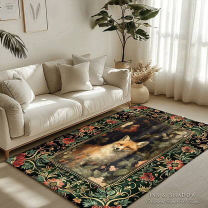 Floral Fairycore Whimsigoth Round Fox Botanical Rug Dark Forestcore Decor | Boho Botanical Whimsical Fox Woodland Cottagecore Animal Art Rug