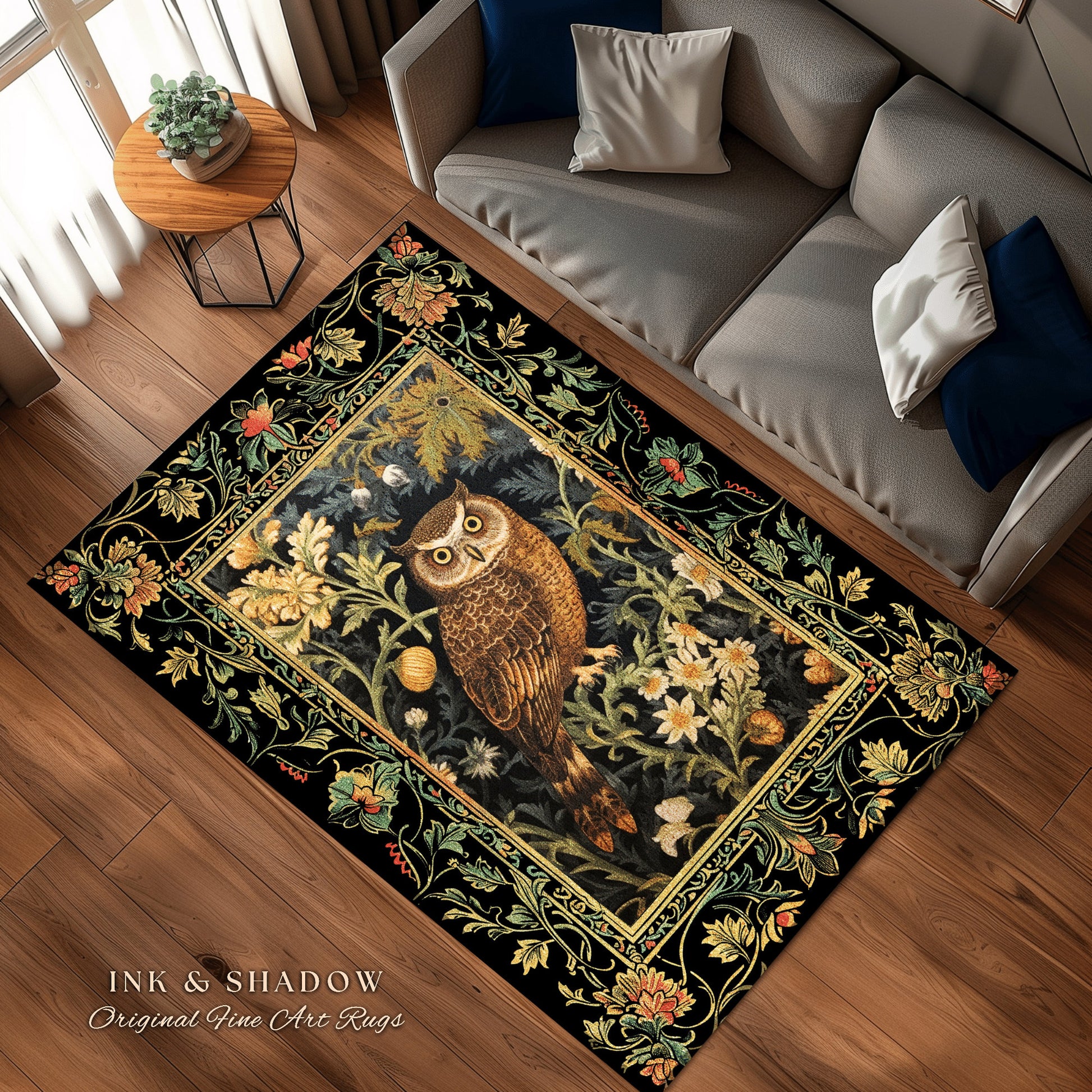 Eclectic Owl Area Rug | Whimsical Room Decor William Morris Inspired Forest Aesthetic Fairycore Boheme Bedroom Rug Floral Owl Decoration