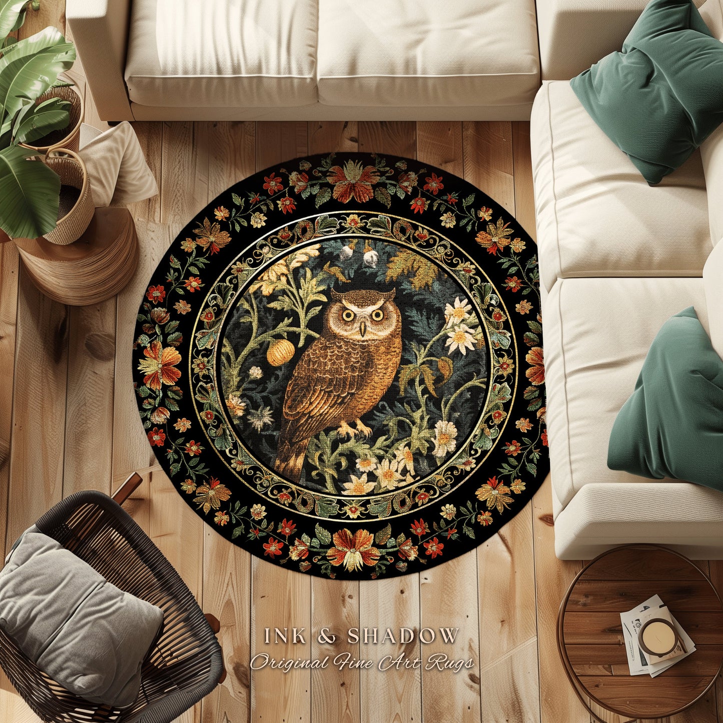 Eclectic Owl Area Rug | Whimsical Room Decor William Morris Inspired Forest Aesthetic Fairycore Boheme Bedroom Rug Floral Owl Decoration