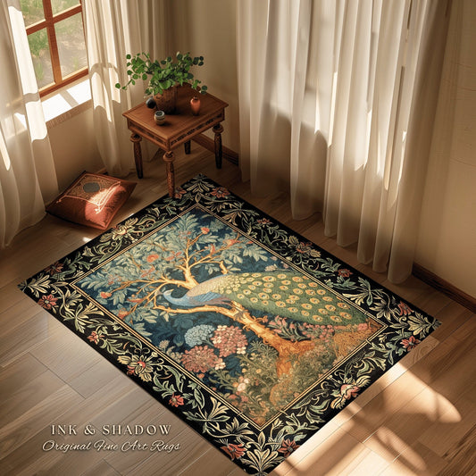 Cottagecore Peacock Accent Rug | Royalcore Floral Room Decor William Morris Inspired Cottagecore Aesthetic Fairycore Bedroom Ethereal