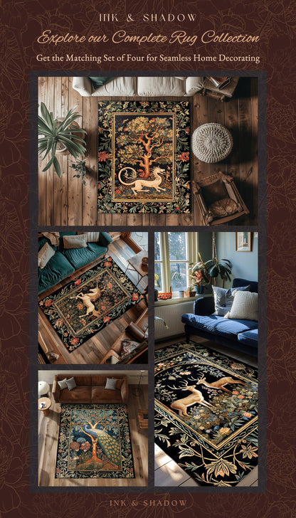 Mystical Deer Lovers Round Rug Vintage Floral Cottagecore Aesthetic Fairycore Decor | Magical Nature Inspired Woodland Forest Deer Art Rug