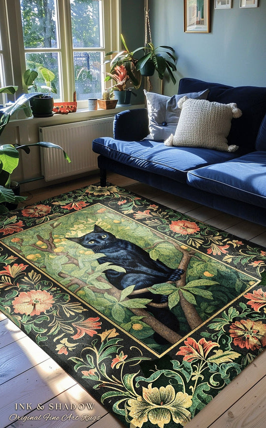 Black Cat Botanical Rug | Dark Floral Bedroom Decor William Morris Inspired Cottagecore Reading Corner Rug Dark Fairycore Room Woodland Art