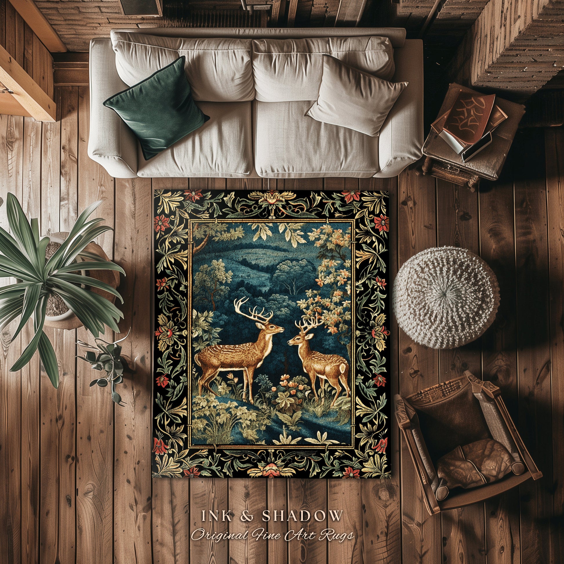 Enchanted Forest Deer Rug Round Vintage Aesthetic Dark Floral Woodland Gothic | Mystical Forestcore Folklore Fairy Grunge Nature Area Rug