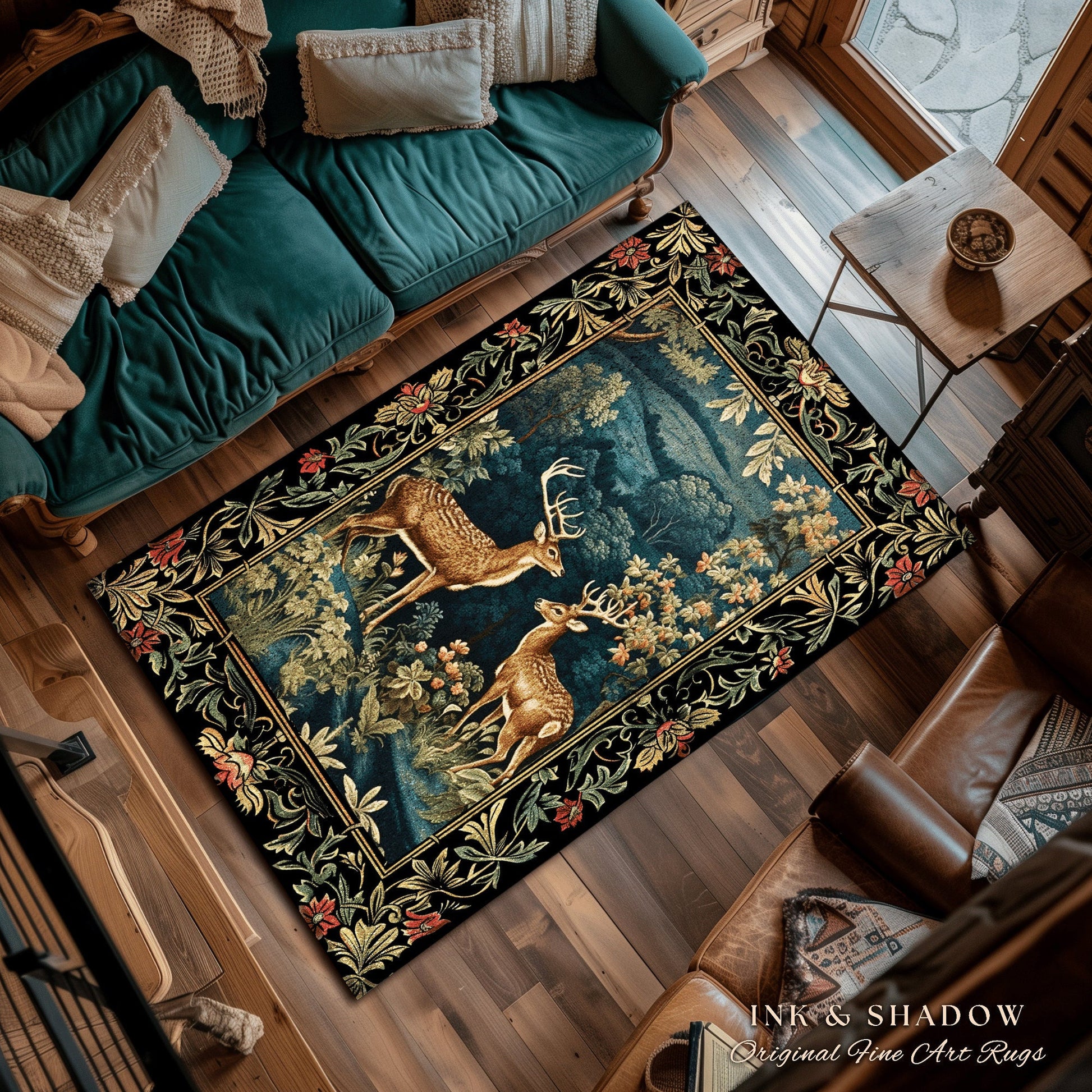 Enchanted Forest Deer Rug Round Vintage Aesthetic Dark Floral Woodland Gothic | Mystical Forestcore Folklore Fairy Grunge Nature Area Rug