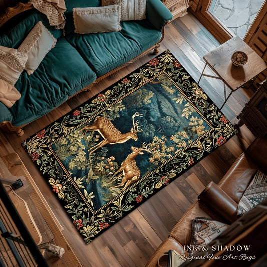 Mystical Deer Area Rug | Cottagecore Room Decor William Morris Inspired Forest Aesthetic Fairycore Boho Bedroom Rug Ethereal Doe & Deer Rug