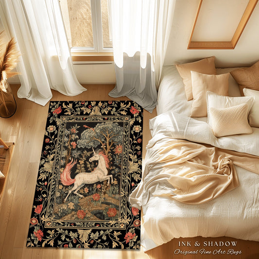 Folklore Unicorn Rug | Princesscore Room Decor William Morris Inspired Cottagecore Aesthetic Fairycore Bedroom Magical Unicorn Art Medieval