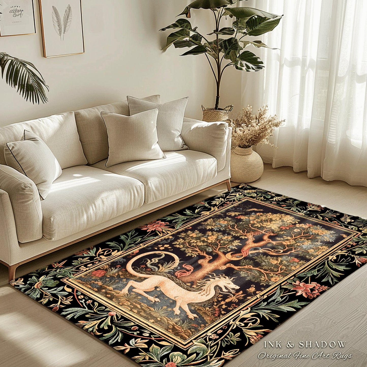 Medieval Dragon Rug | Nordic Home Decor Morris Style Bedroom Fairy Core Aesthetic Maximalist Gift for Goths Woodland Cottagecore Dragon Art