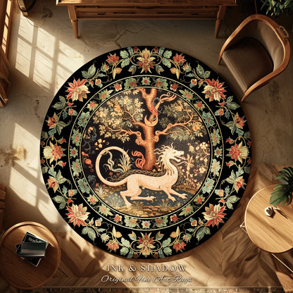 Medieval Dragon Rug | Nordic Home Decor Morris Style Bedroom Fairy Core Aesthetic Maximalist Gift for Goths Woodland Cottagecore Dragon Art