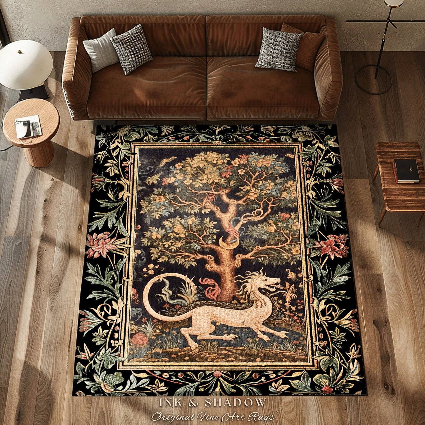 Medieval Dragon Rug | Nordic Home Decor Morris Style Bedroom Fairy Core Aesthetic Maximalist Gift for Goths Woodland Cottagecore Dragon Art