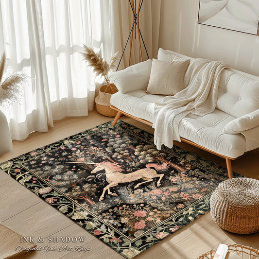 Celestial Unicorn Aesthetic Rug | Folklore Aesthetic Room Decor Morris Inspired Cottagecore Cozy Fairycore Unicorn Area Rug Mystical Bedroom