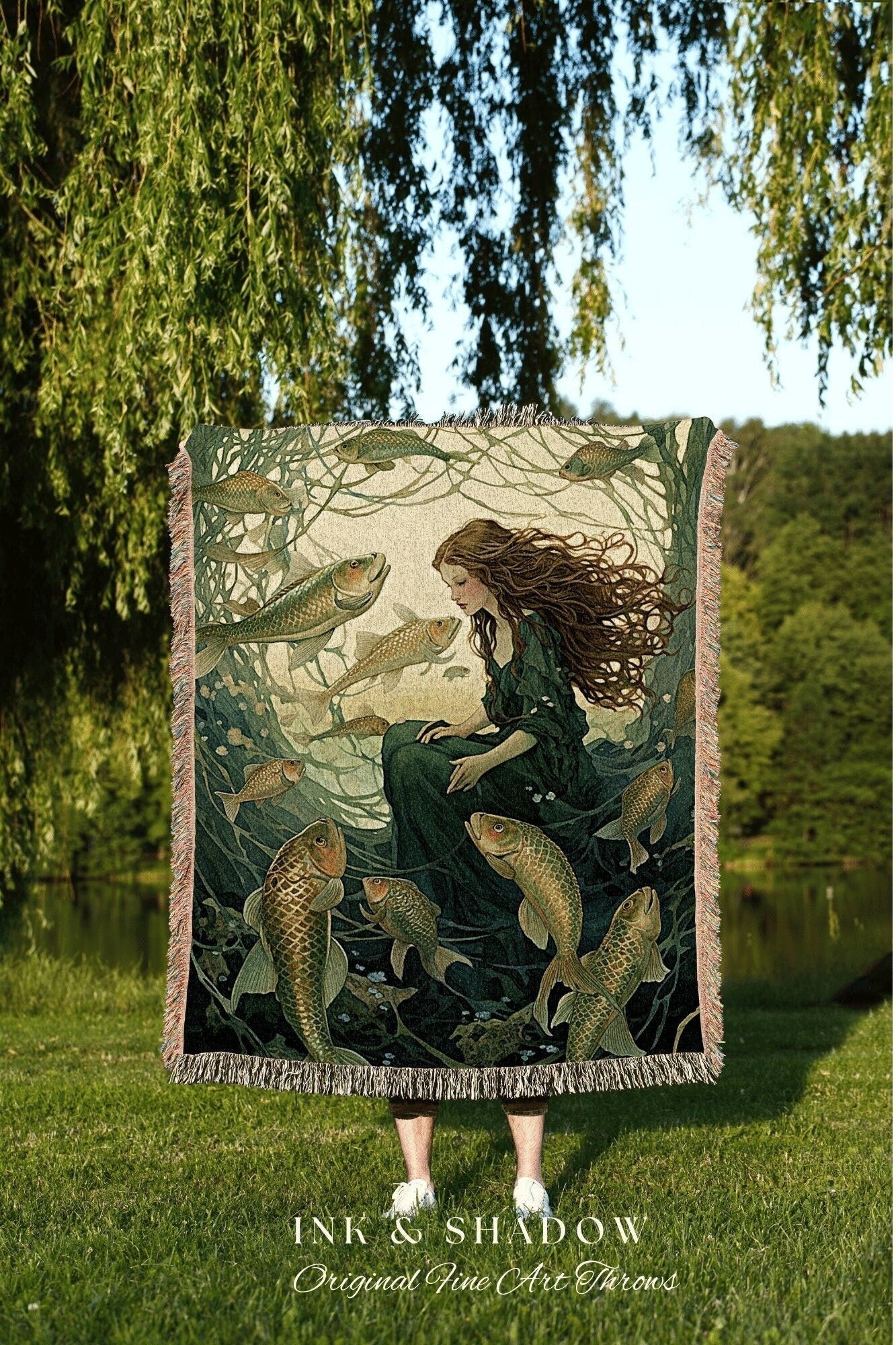 Goblincore Mermaid Tapestry | Fairy Aesthetic Celestial Cottagecore Decor Art Nouveau Tapestry Woven Blanket Fairycore Decor Retro Mermaid |