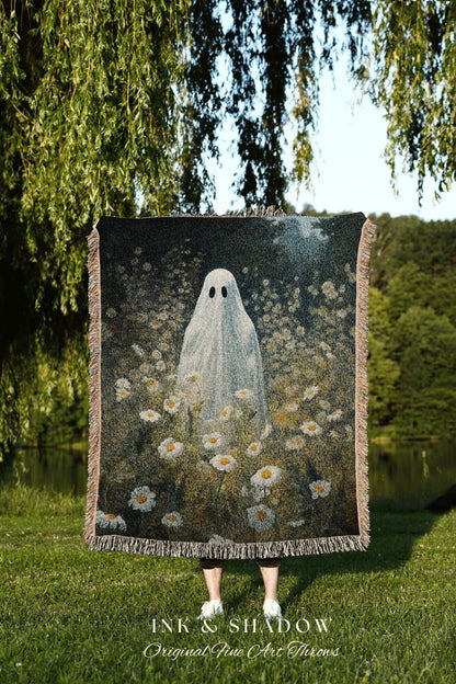 Sheet Ghost Wall Art Halloween Blanket Woven | Fall Aesthetic Vintage Ghost Art Woven Tapestry Halloween Decor Dark Academia Ghost Blanket