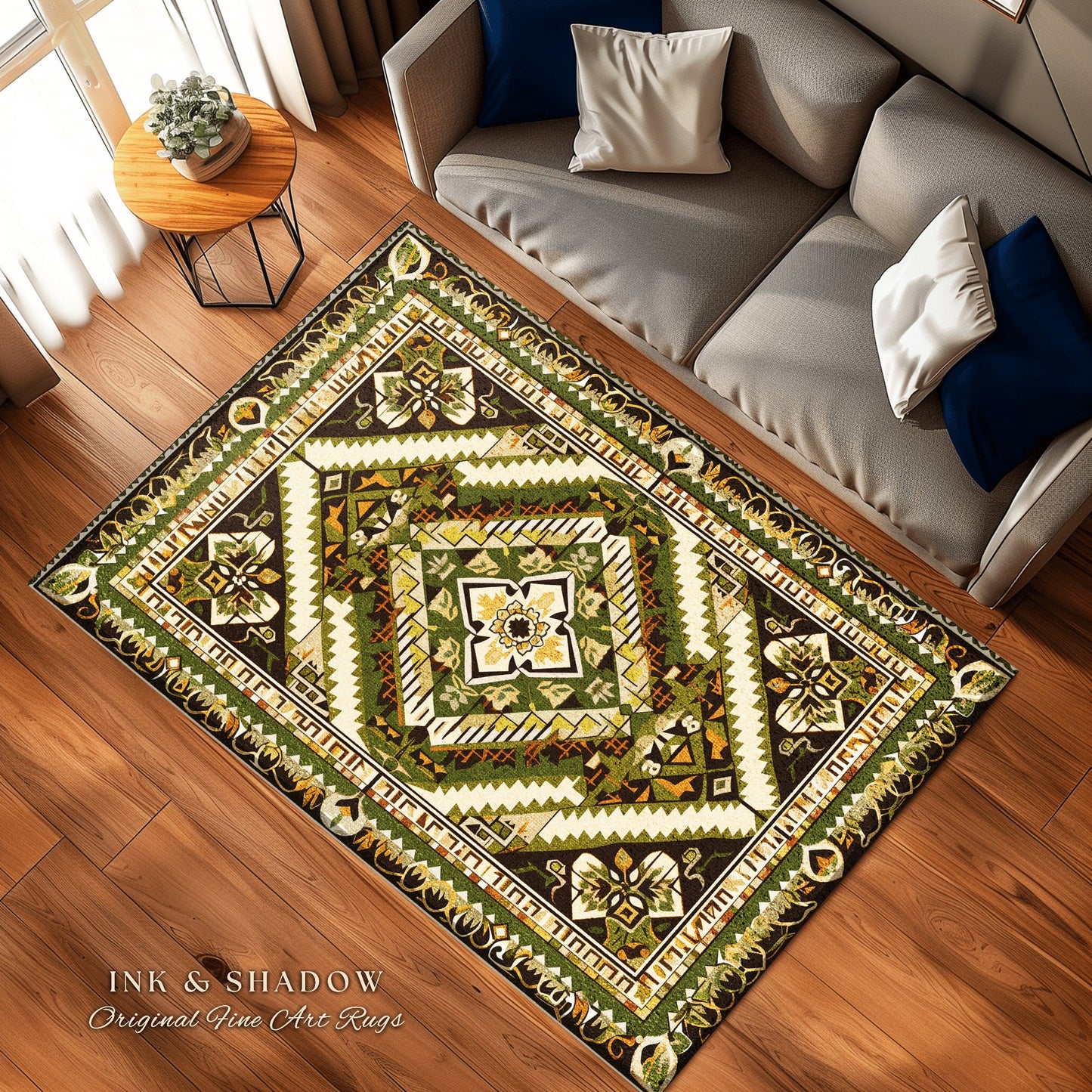 Modern Bohemian Accent Rug | Geometric Midcentury Home Accent Ornate Rug with Olive Green Detail Bohemian Aesthetic for Cozy Guest Bedroom |