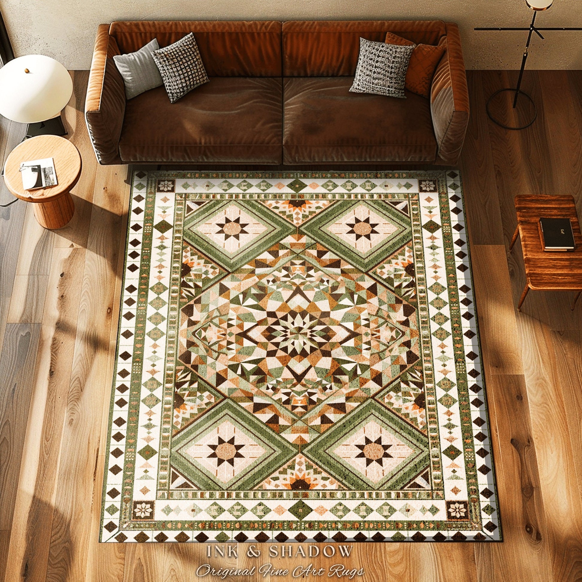 Earthy Colors Geometric Rug | Muted Tones Home Accent Ornate Rug with Sage Green Detail Beige Bohemian Aesthetic for Cozy Housewarming Gift