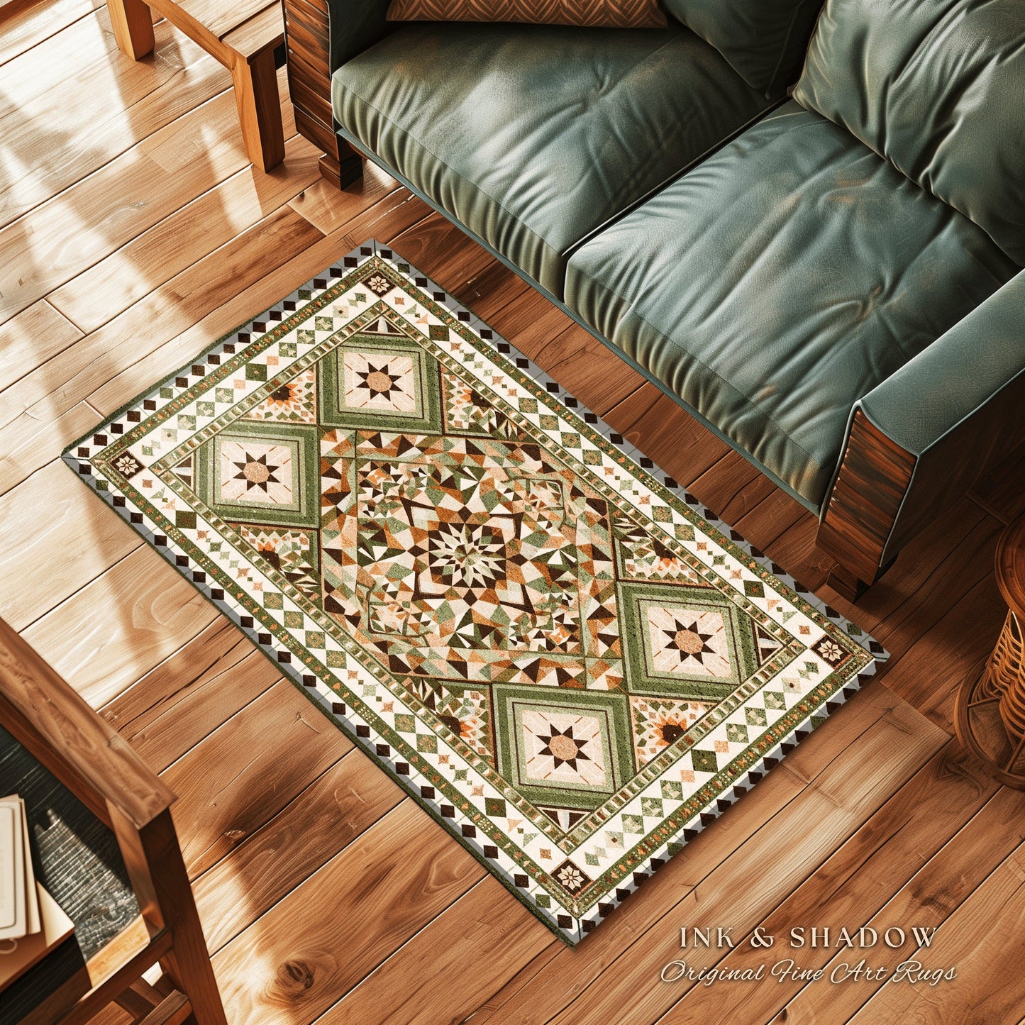 Earthy Colors Geometric Rug | Muted Tones Home Accent Ornate Rug with Sage Green Detail Beige Bohemian Aesthetic for Cozy Housewarming Gift