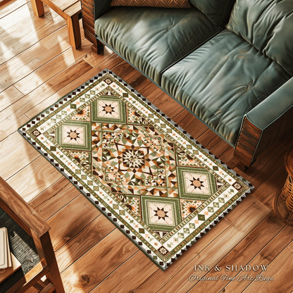 Earthy Colors Geometric Rug | Muted Tones Home Accent Ornate Rug with Sage Green Detail Beige Bohemian Aesthetic for Cozy Housewarming Gift