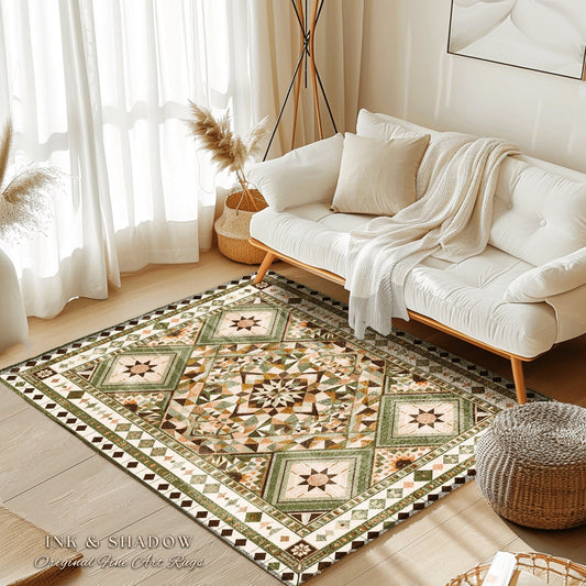 Earthy Colors Geometric Rug | Muted Tones Home Accent Ornate Rug with Sage Green Detail Beige Bohemian Aesthetic for Cozy Housewarming Gift