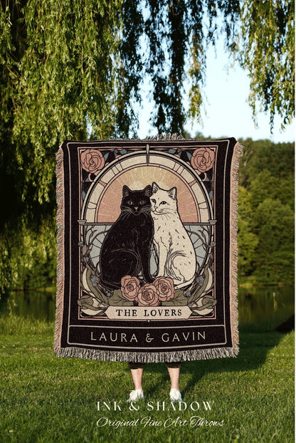 Celestial Wedding Tapestry | Cat Couple Tarot Card Blanket Personalized Anniversary Gift | Celestial Art Nouveau Tarot Card Custom Couples |