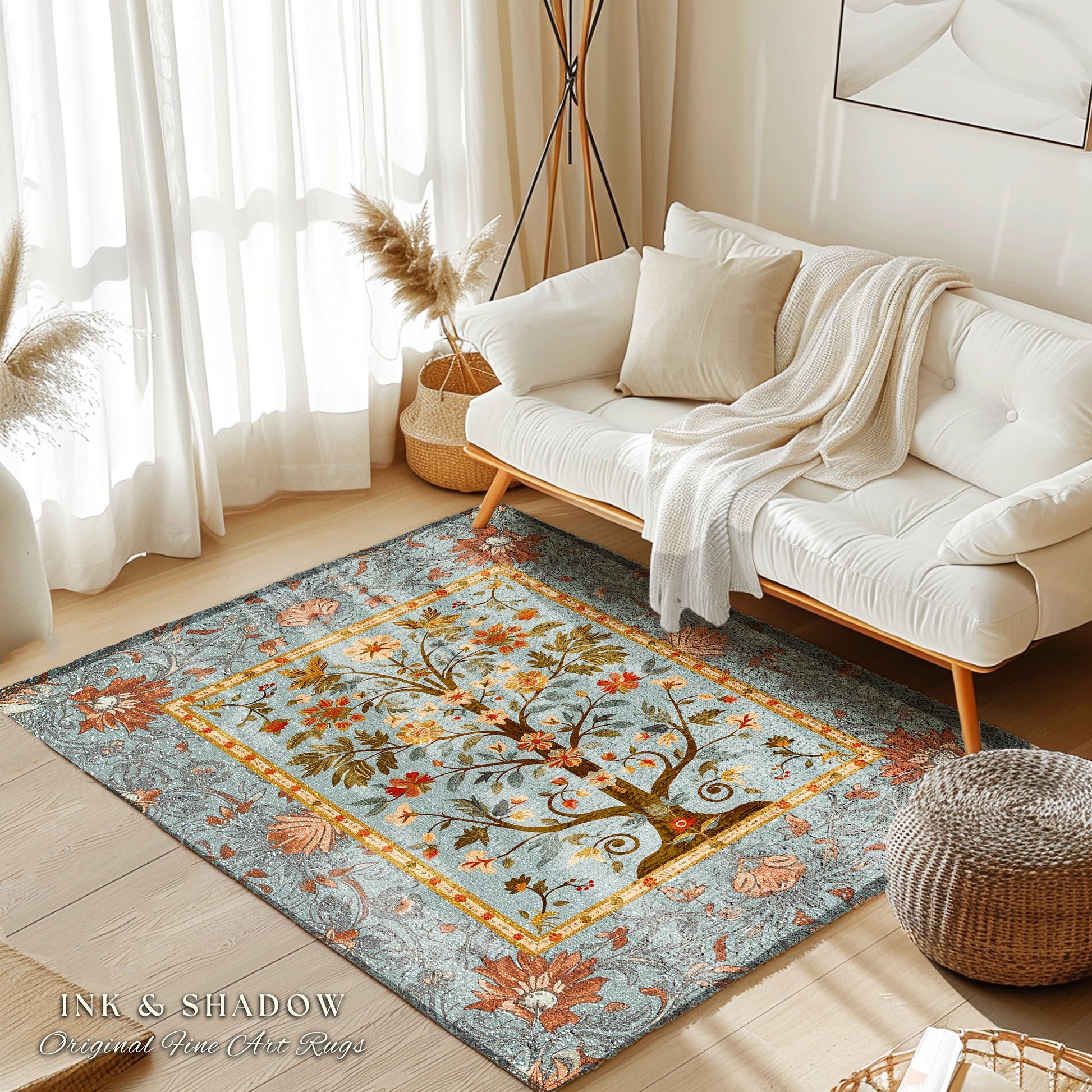 Fairycore Aesthetic Tree of Life Rustic Area Rug | Folk Art Living Room Pastel Blue Rustic Decor Housewarming Gift Cottagecore Bedroom Mat