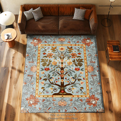 Fairycore Aesthetic Tree of Life Rustic Area Rug | Folk Art Living Room Pastel Blue Rustic Decor Housewarming Gift Cottagecore Bedroom Mat