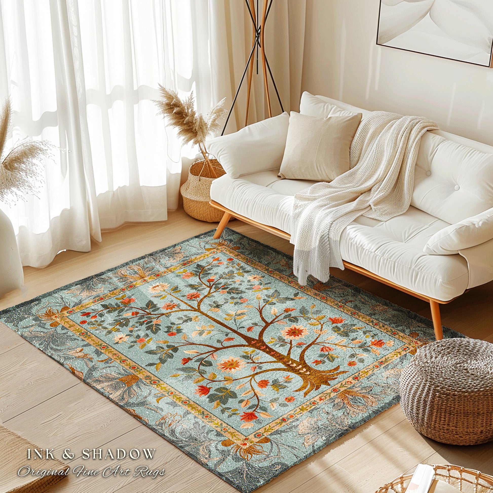 Boho Pastel Tree of Life Floor Mat Cottagecore Living Room Pastel Blue Home Decor Rustic Tree of Life Vintage Aesthetic Living Room Area Rug