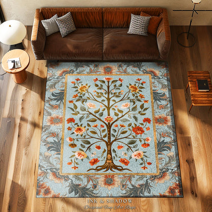 Dusty Blue Tree of Life Folk Art Accent Rug for Living Room | Eclectic Home Decor Rustic Aesthetic Pastel Cottagecore Bedroom Floor Area Rug