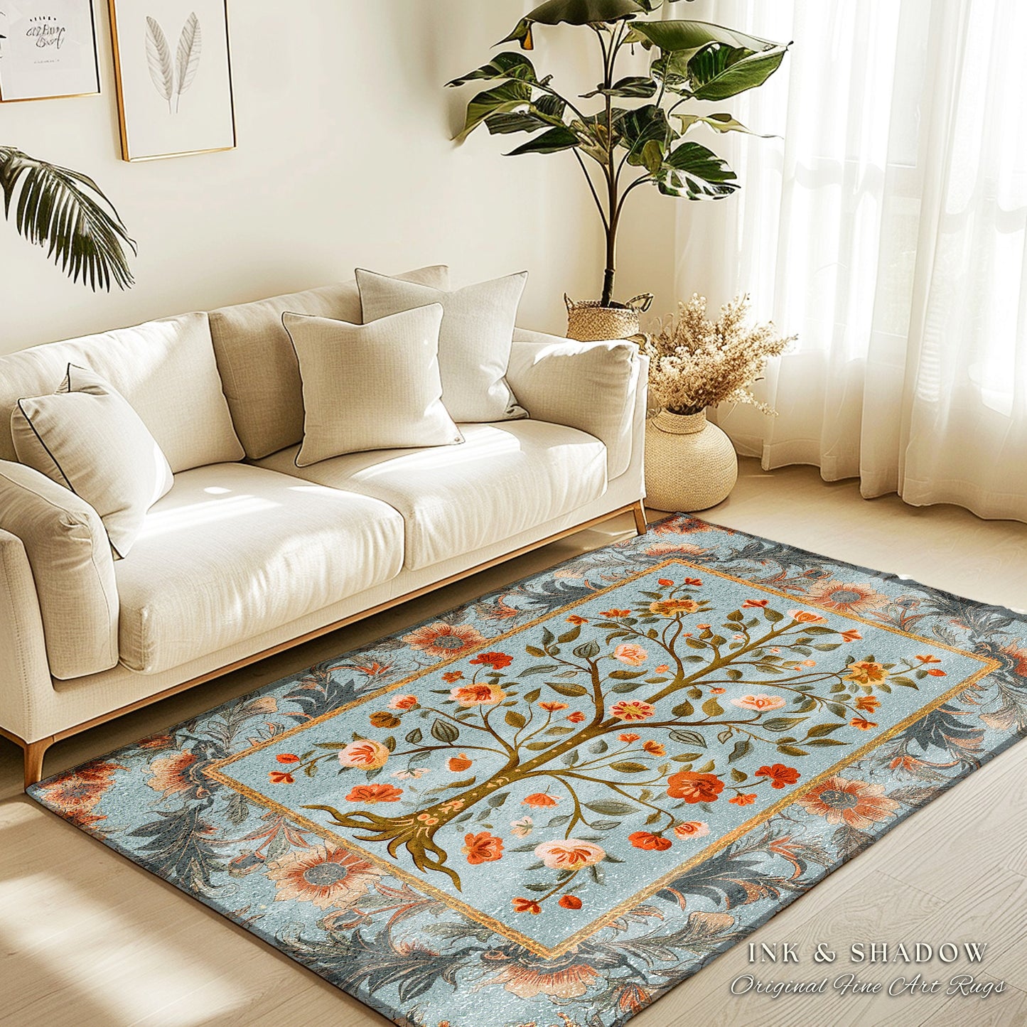 Dusty Blue Tree of Life Folk Art Accent Rug for Living Room | Eclectic Home Decor Rustic Aesthetic Pastel Cottagecore Bedroom Floor Area Rug