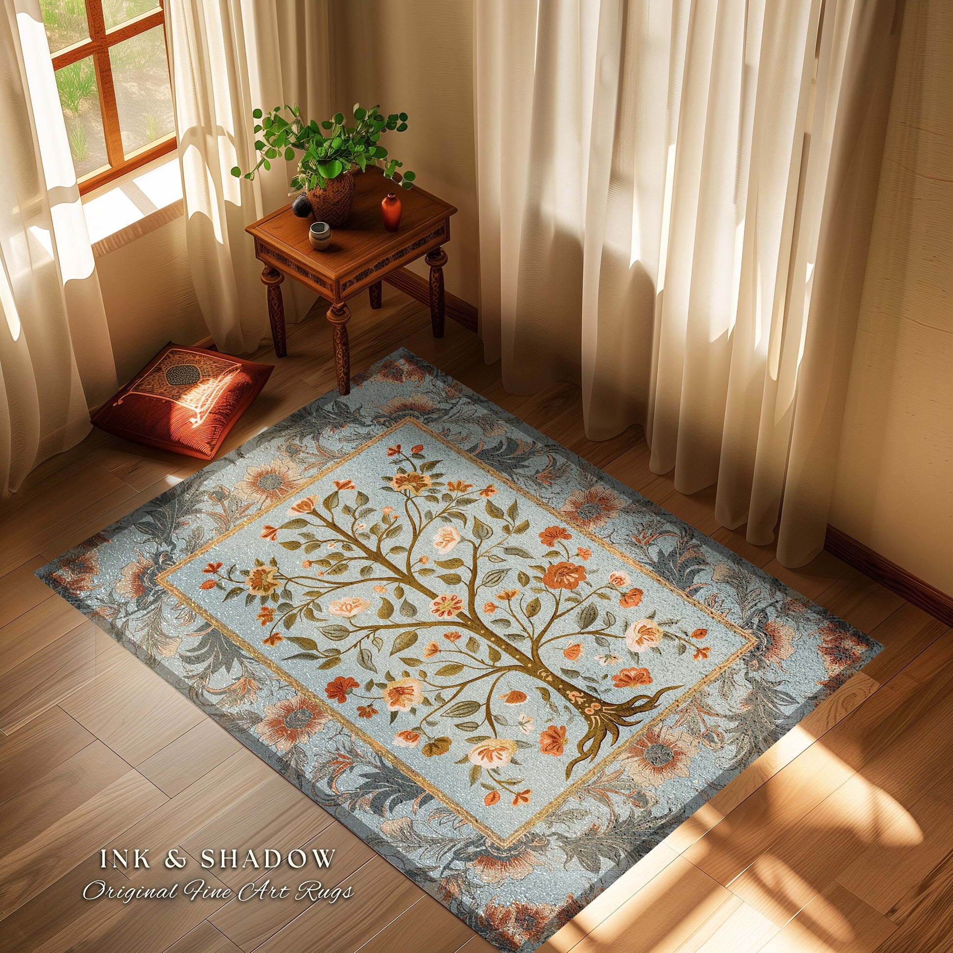 Dusty Blue Tree of Life Folk Art Accent Rug for Living Room | Eclectic Home Decor Rustic Aesthetic Pastel Cottagecore Bedroom Floor Area Rug