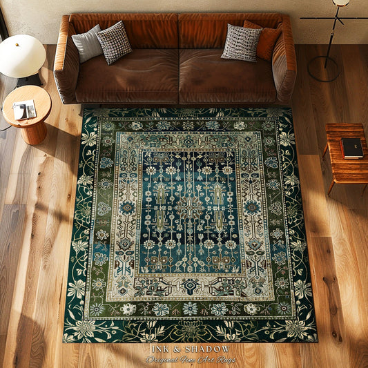 Sage Green Boho Area Rug | Aestheetic Living Room Pastel Blue Home Decor Rustic Housewarming Gift Cottagecore Forest Green Bedroom Mat