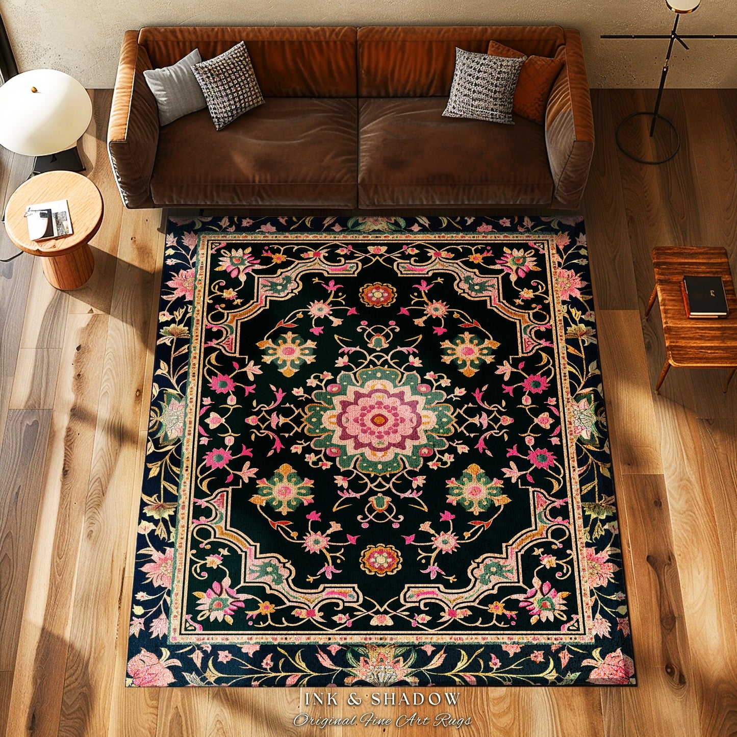 Pink Persian Mosaic Floral Rug Turkish Floral Dark Cottagecore Aesthetic Rug Common Room Home Decor Housewarming Gift Floral Bedroom Mat