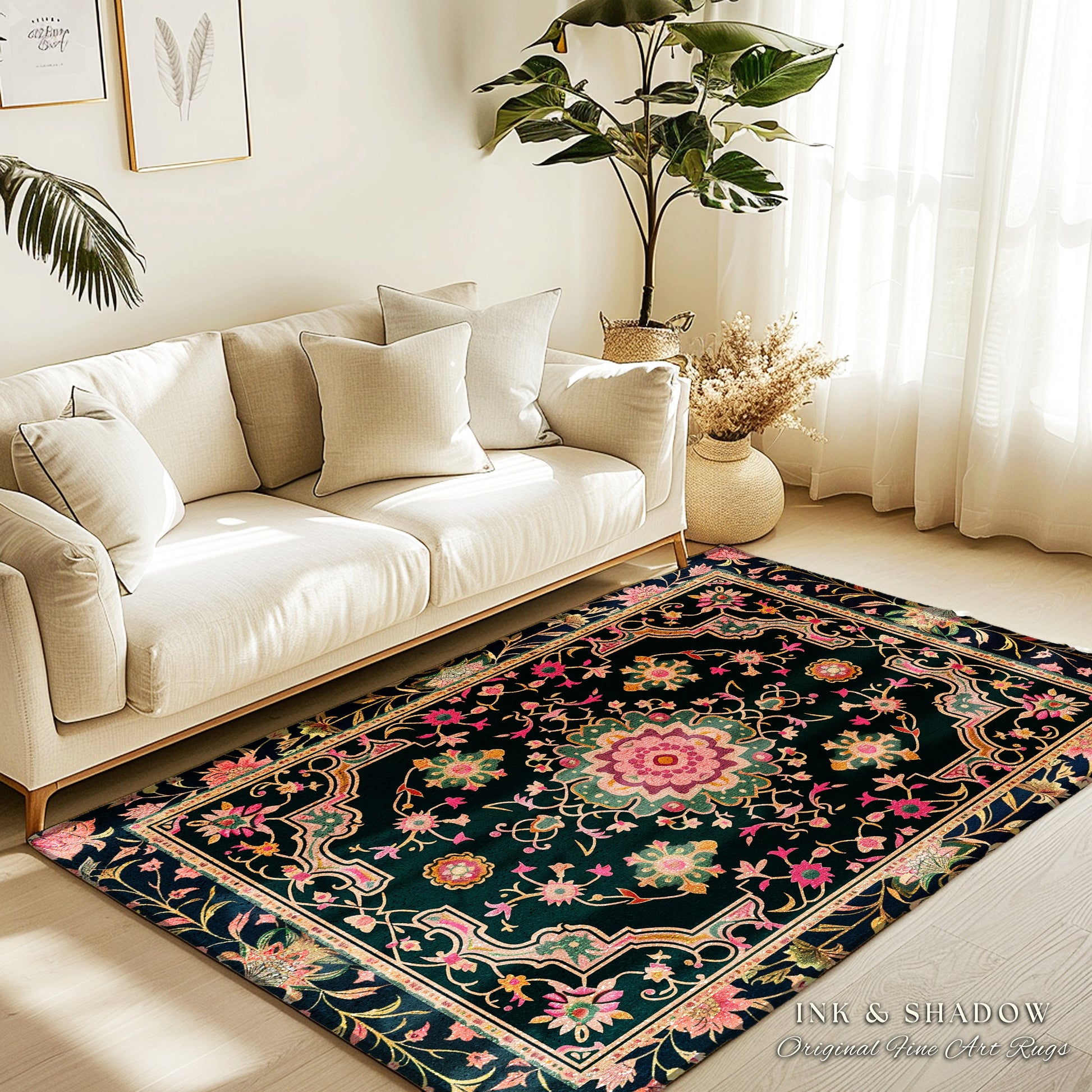 Pink Persian Mosaic Floral Rug Turkish Floral Dark Cottagecore Aesthetic Rug Common Room Home Decor Housewarming Gift Floral Bedroom Mat