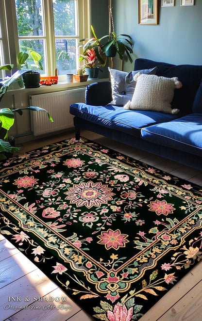 Maximalist Floral Area Rug Dark Pink Decorative Bohemian Turkish Style Colorful Accent Rug Decorative Rugs for Living Room Rectangular Rug