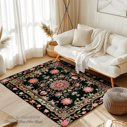 Maximalist Floral Area Rug Dark Pink Decorative Bohemian Turkish Style Colorful Accent Rug Decorative Rugs for Living Room Rectangular Rug