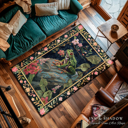 Ethereal Woodland Frog Rug | Floral Cottagecore Aesthetic Living Room Home Decor Frog Lover Gift Goblincore Floor Mat Whimsical Toad |