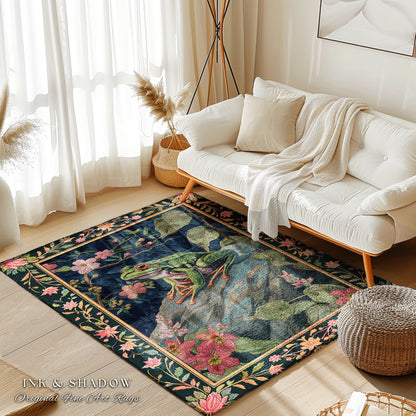Ethereal Woodland Frog Rug | Floral Cottagecore Aesthetic Living Room Home Decor Frog Lover Gift Goblincore Floor Mat Whimsical Toad |
